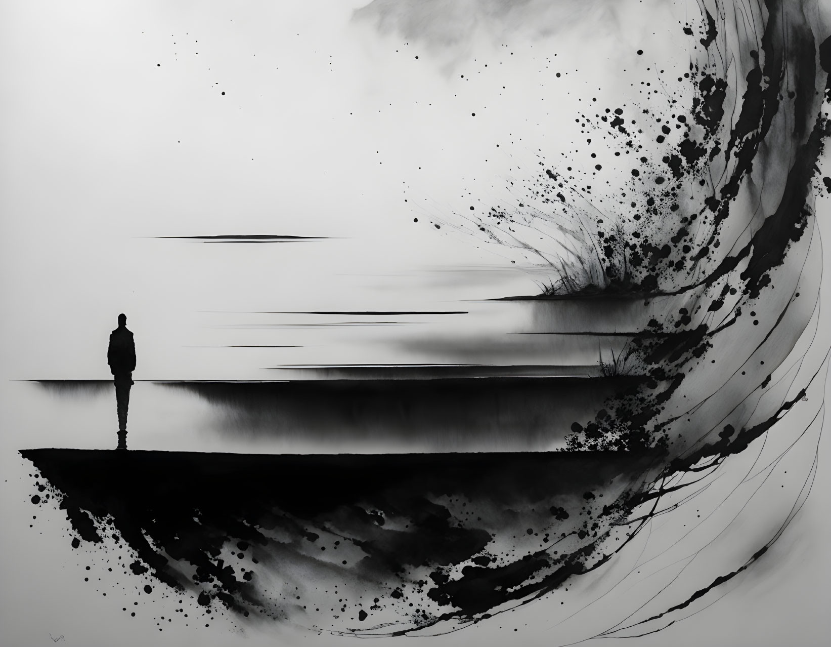 Monochromatic silhouette by reflective water with ink splashes