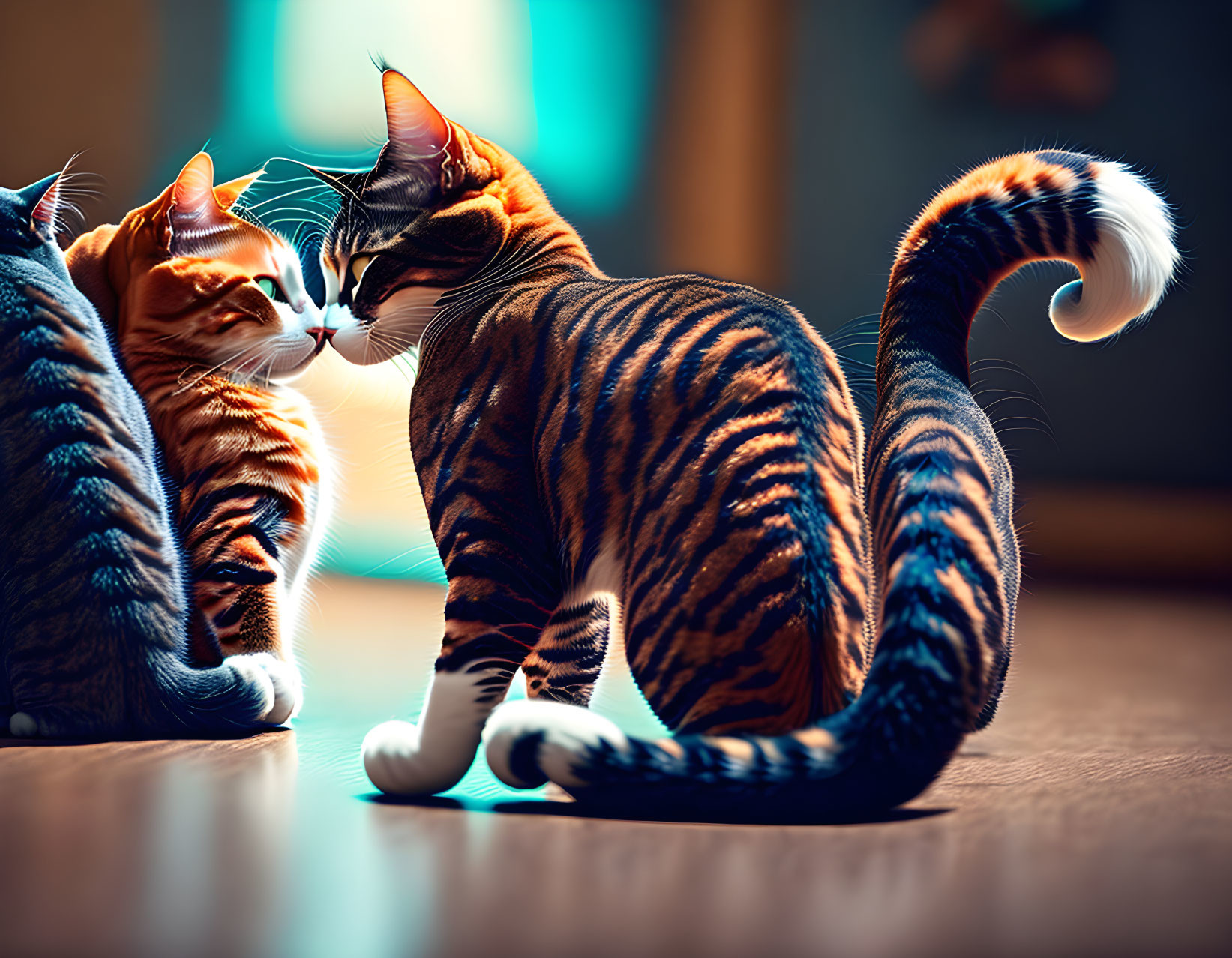 Three cats with unique fur patterns sitting elegantly in warmly lit room