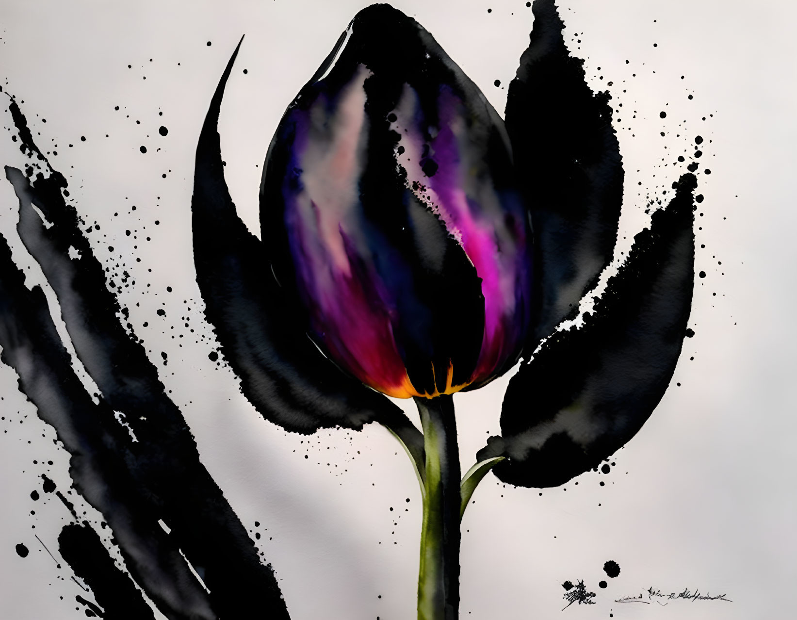 Vivid Watercolor Painting of Tulip in Purple and Black Hues