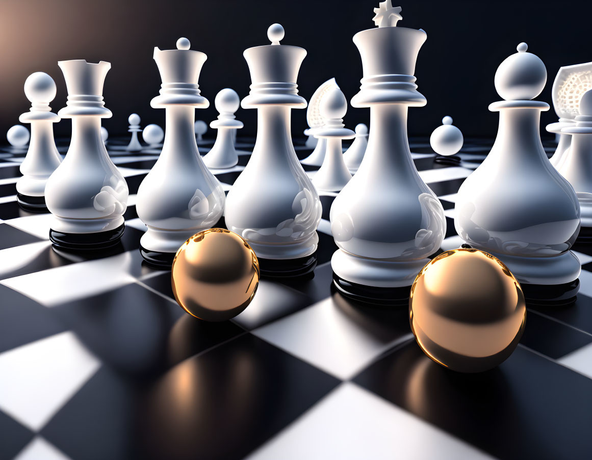 Chessboard with white pieces and golden orbs in 3D-rendered image