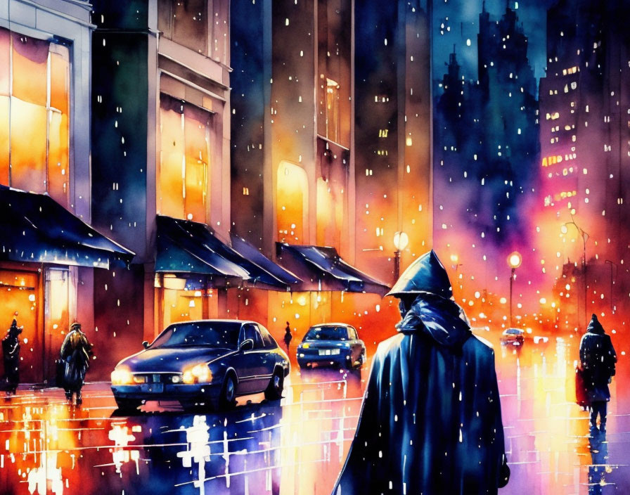 Night scene: rain-soaked street with glowing city lights and hooded figure