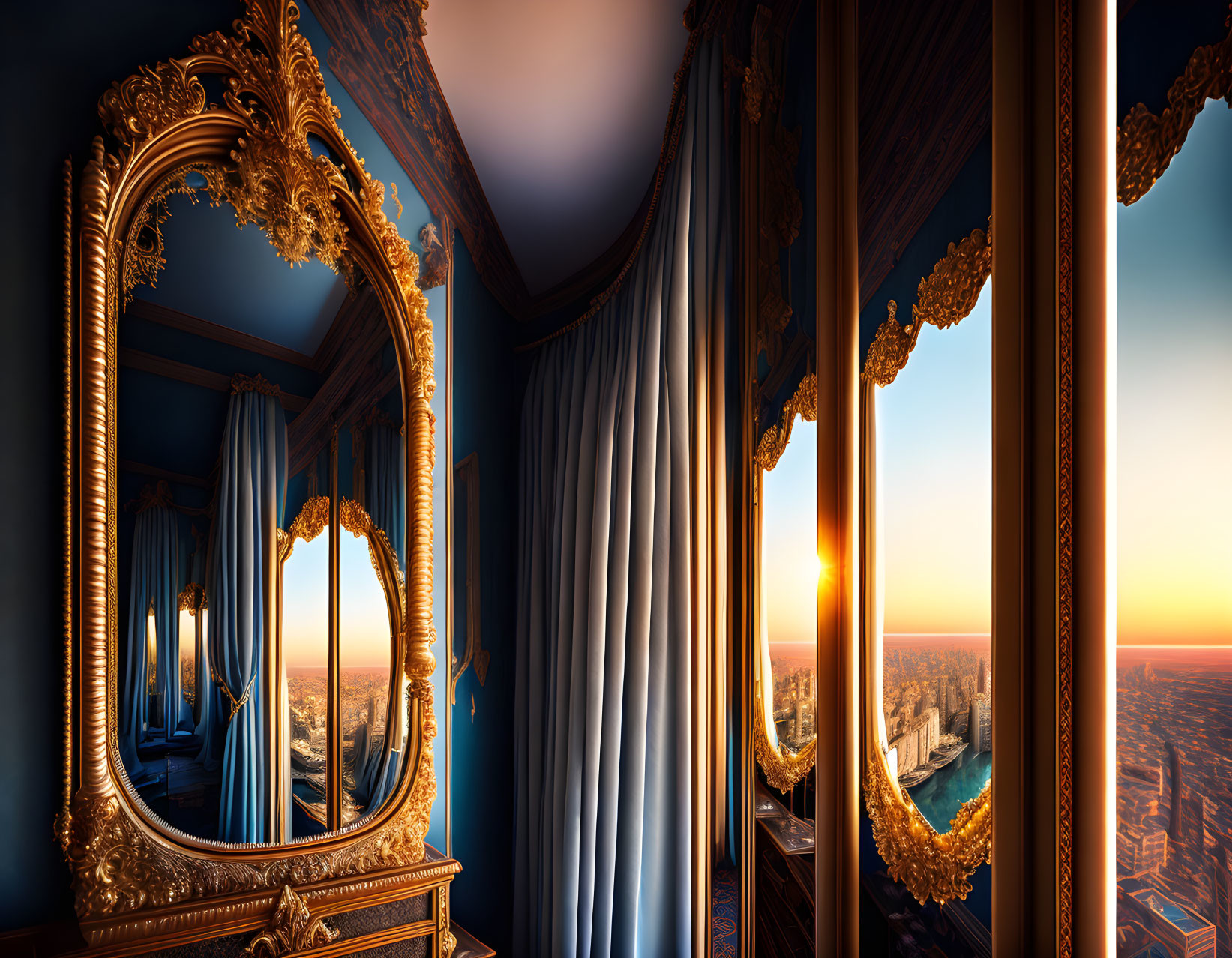 Golden mirror reflecting luxurious room with blue drapes and city skyline at sunset