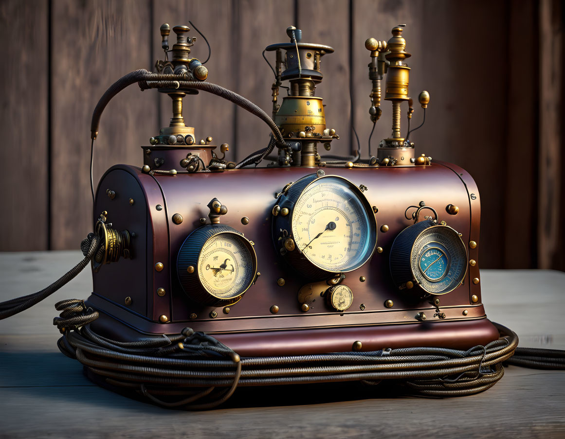 Steampunk-style brass device with dials and gauges on mahogany surface