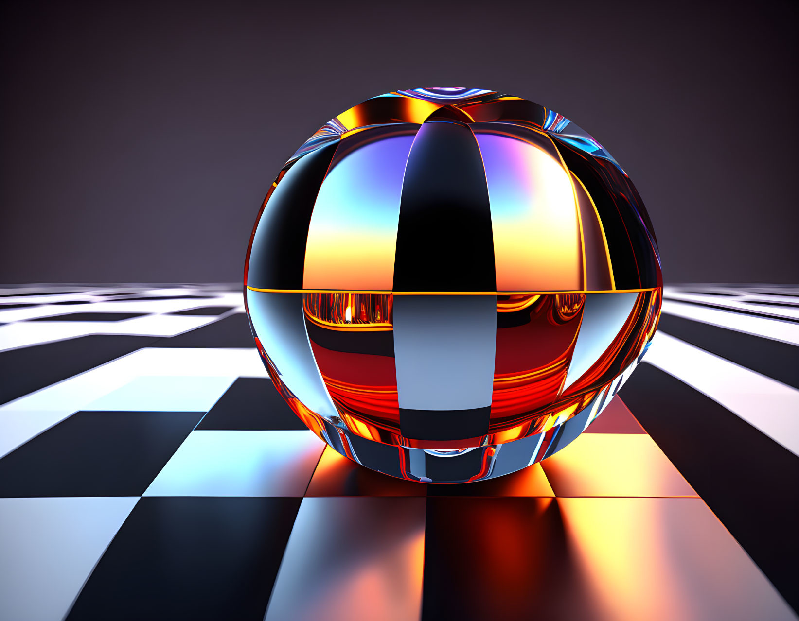 Colorful Striped Sphere on Checkered Surface with Gradient Background