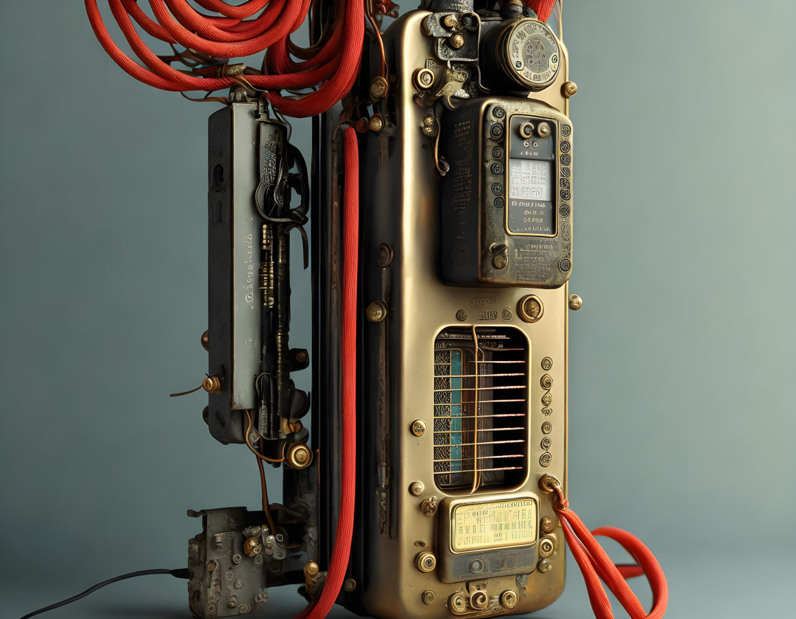 Vintage radio and electrical components on blue background