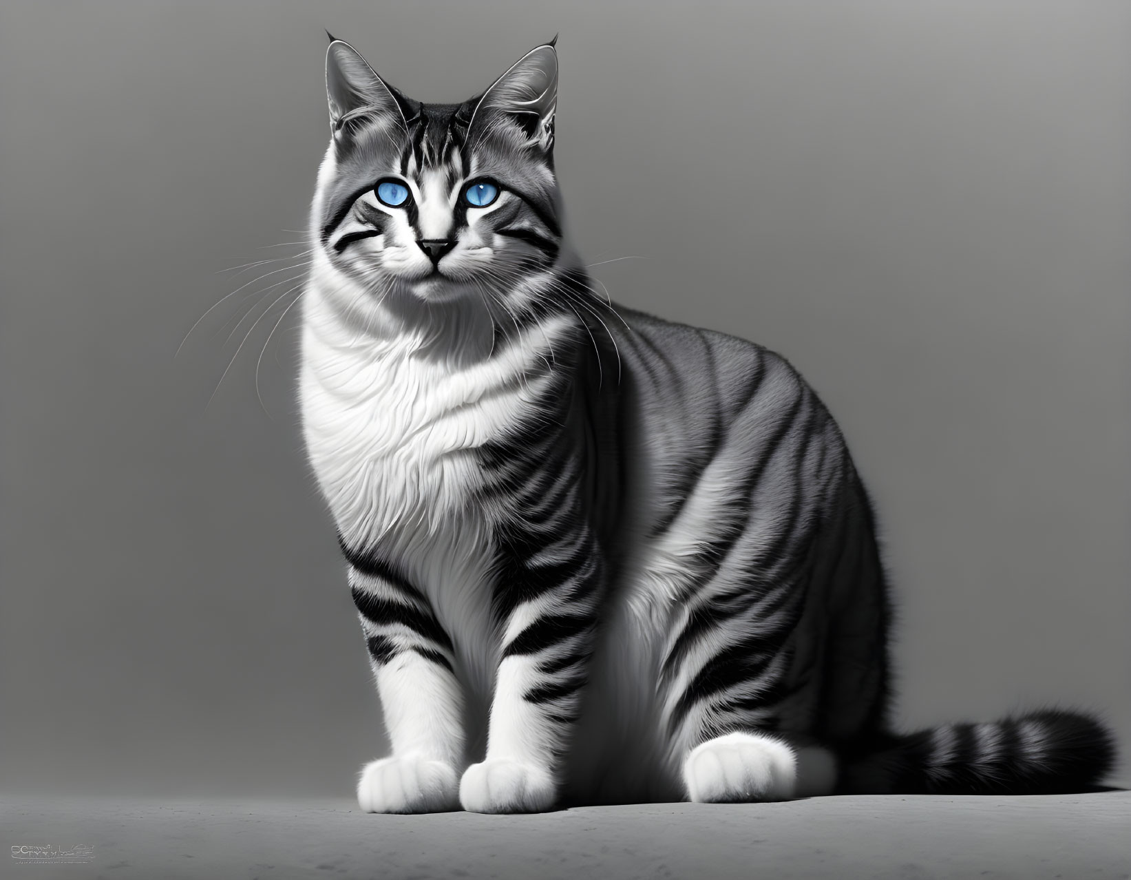 Gray tabby cat with bold stripes and blue eyes on light background