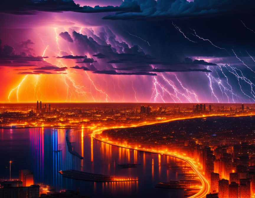 Luminous city skyline under dramatic night sky with lightning storm