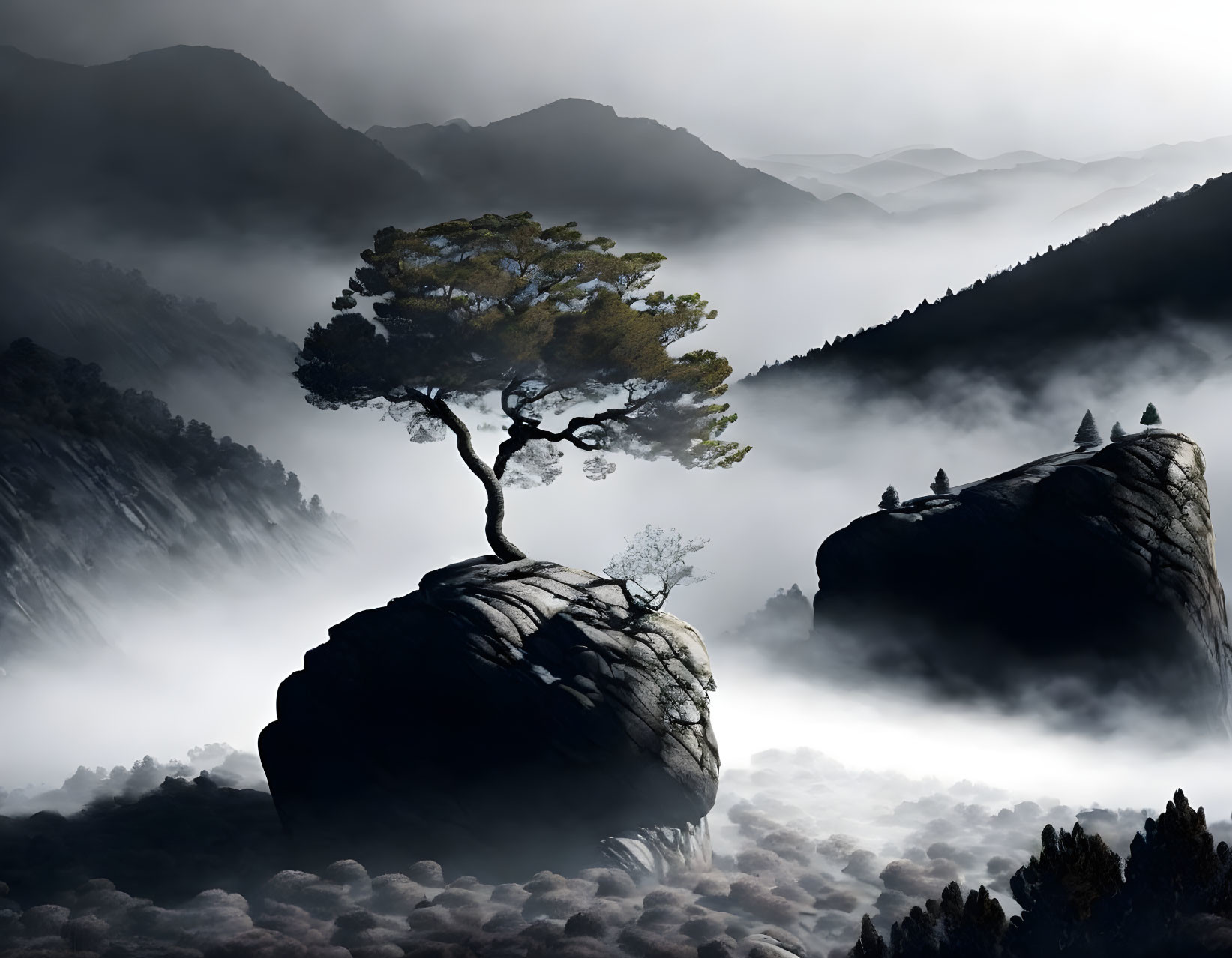 Misty mountain landscape with solitary tree and rolling fog-covered hills