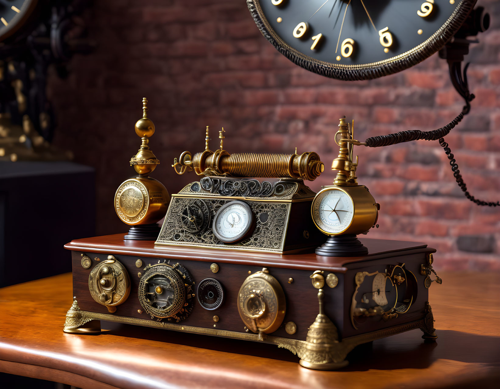 Vintage Ornate Telephone on Wooden Base with Clock and Backward Numbers on Brick Wall Background