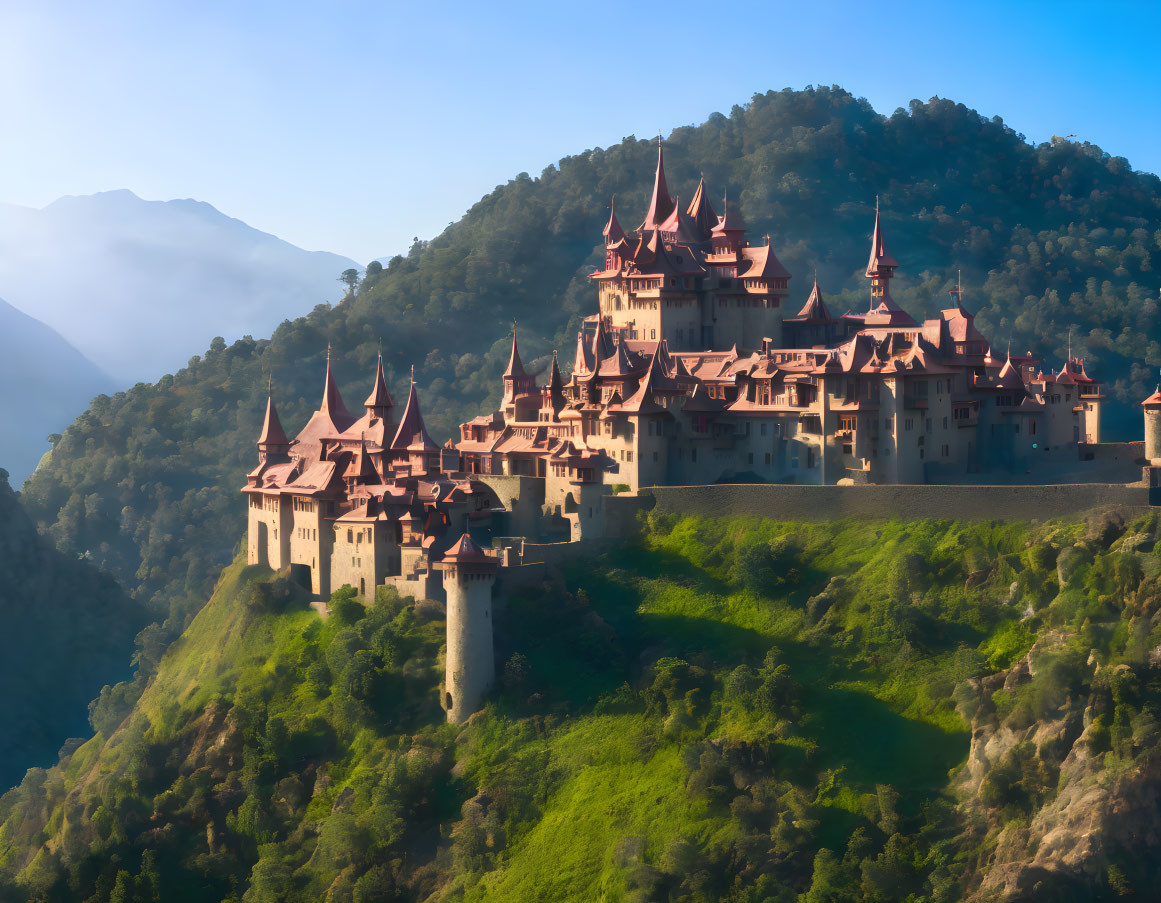 Castle with Multiple Spires on Green Hillside in Soft Morning Light