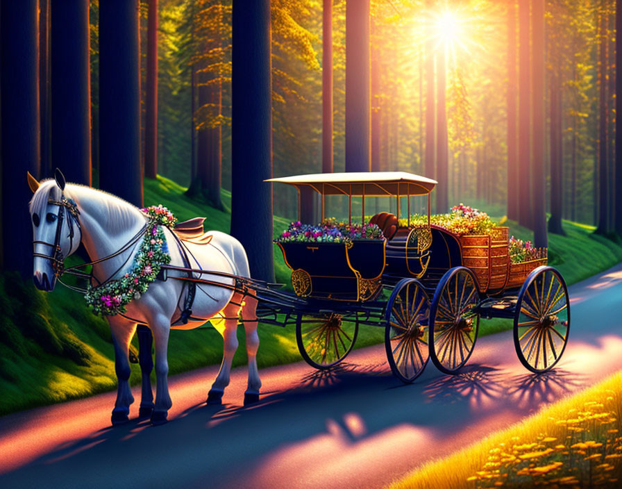 White horse pulling ornate carriage through sunlit forest path