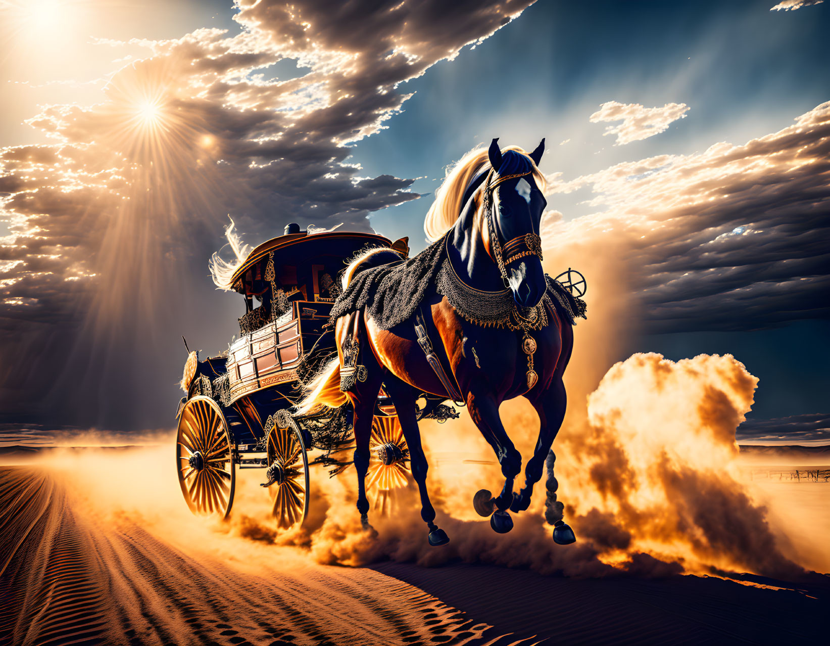 Horse-drawn carriage racing in desert under cloudy sky