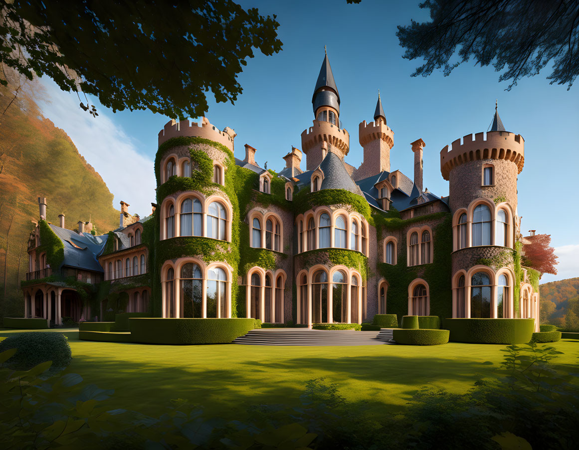 Majestic castle with turrets, arched windows, ivy, lush lawns, tall