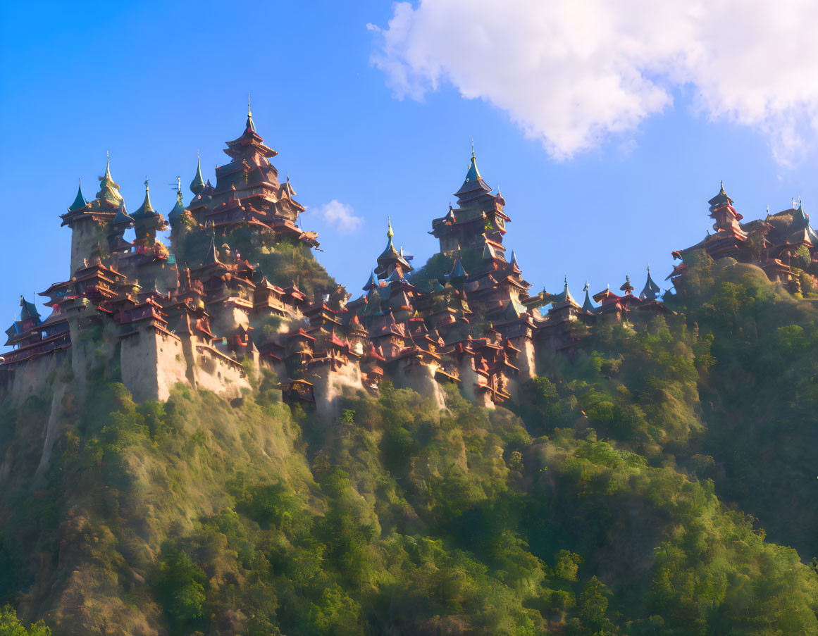 Fairytale-like towers on lush green hill under blue sky