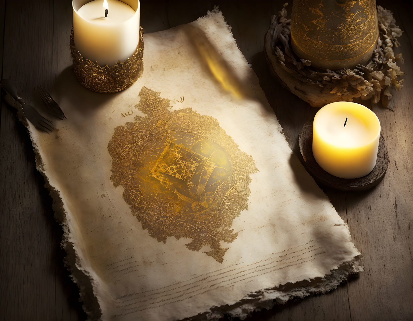 Antique Parchment Map with Candlelight on Wooden Surface