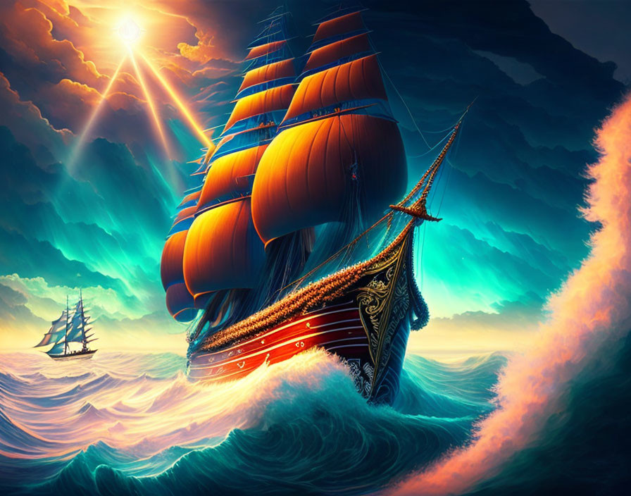 Digital artwork: Two sailing ships on ocean waves under warm sun.