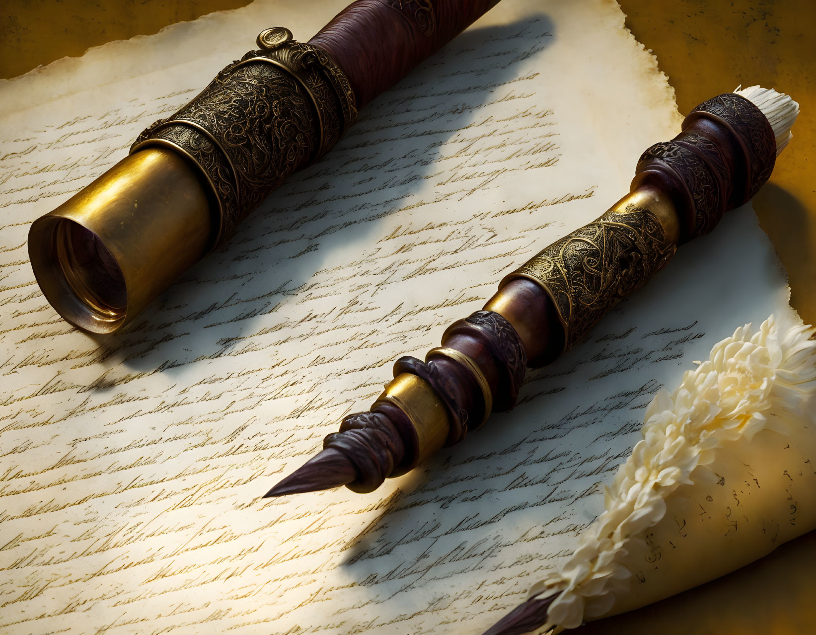 Vintage brass telescope and quill pen on handwritten page with white feather