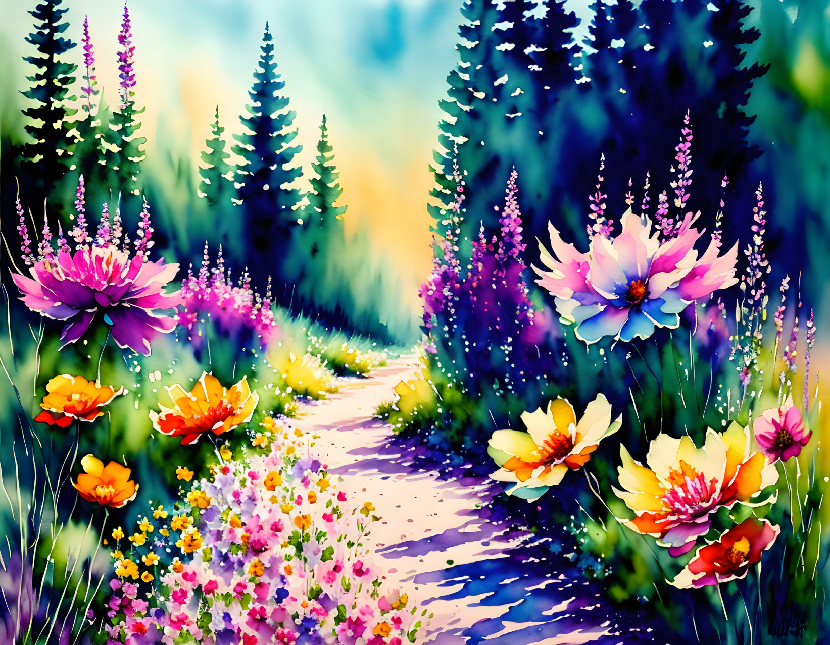 Colorful Watercolor Painting of Lush Pathway with Flowers and Pine Trees