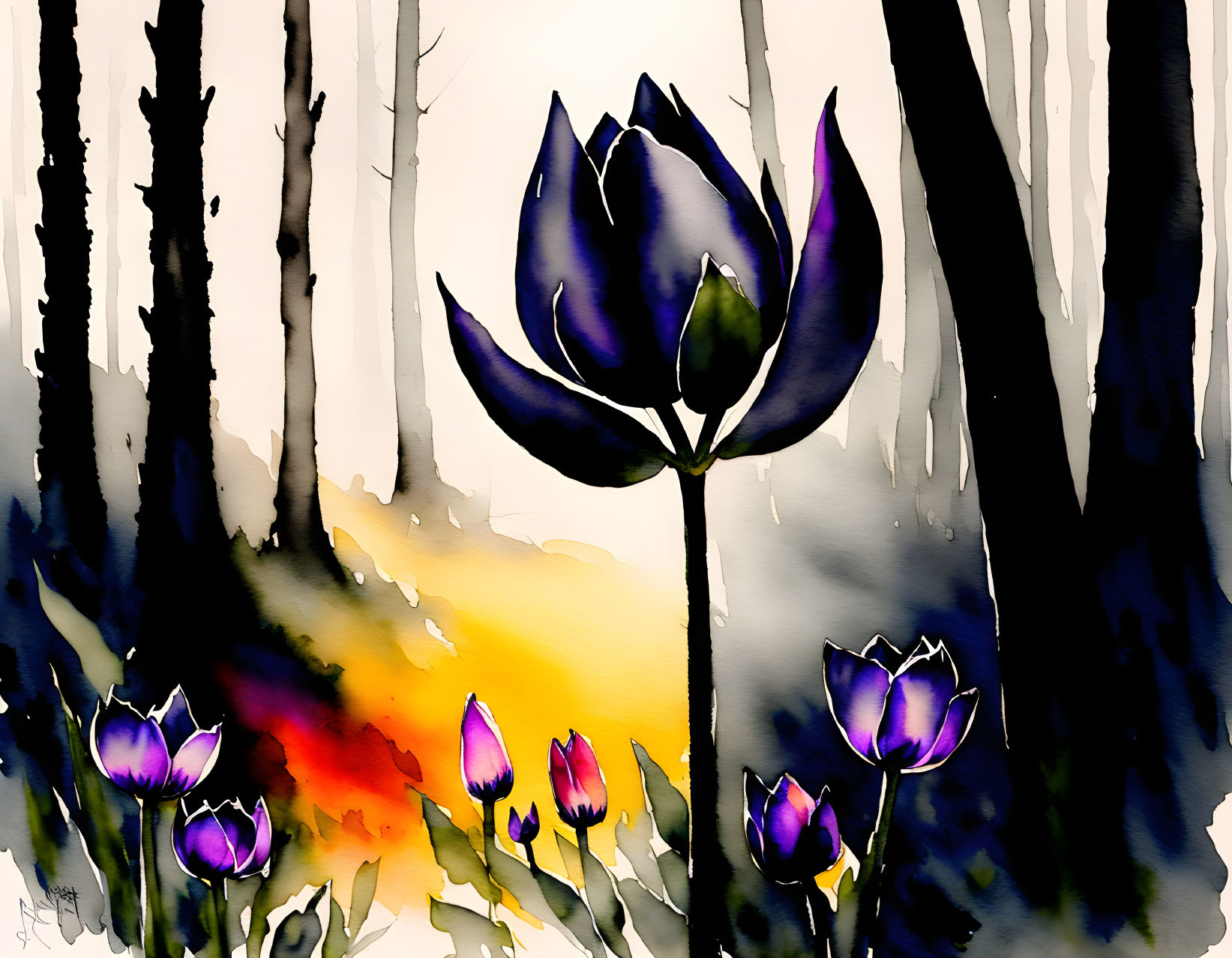 Purple tulips in misty forest watercolor painting.