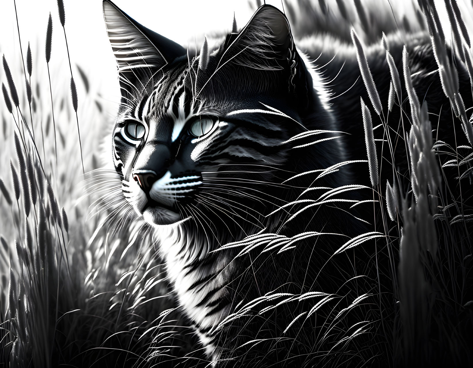 Black and white cat with blue eyes in tall grass under sunlight