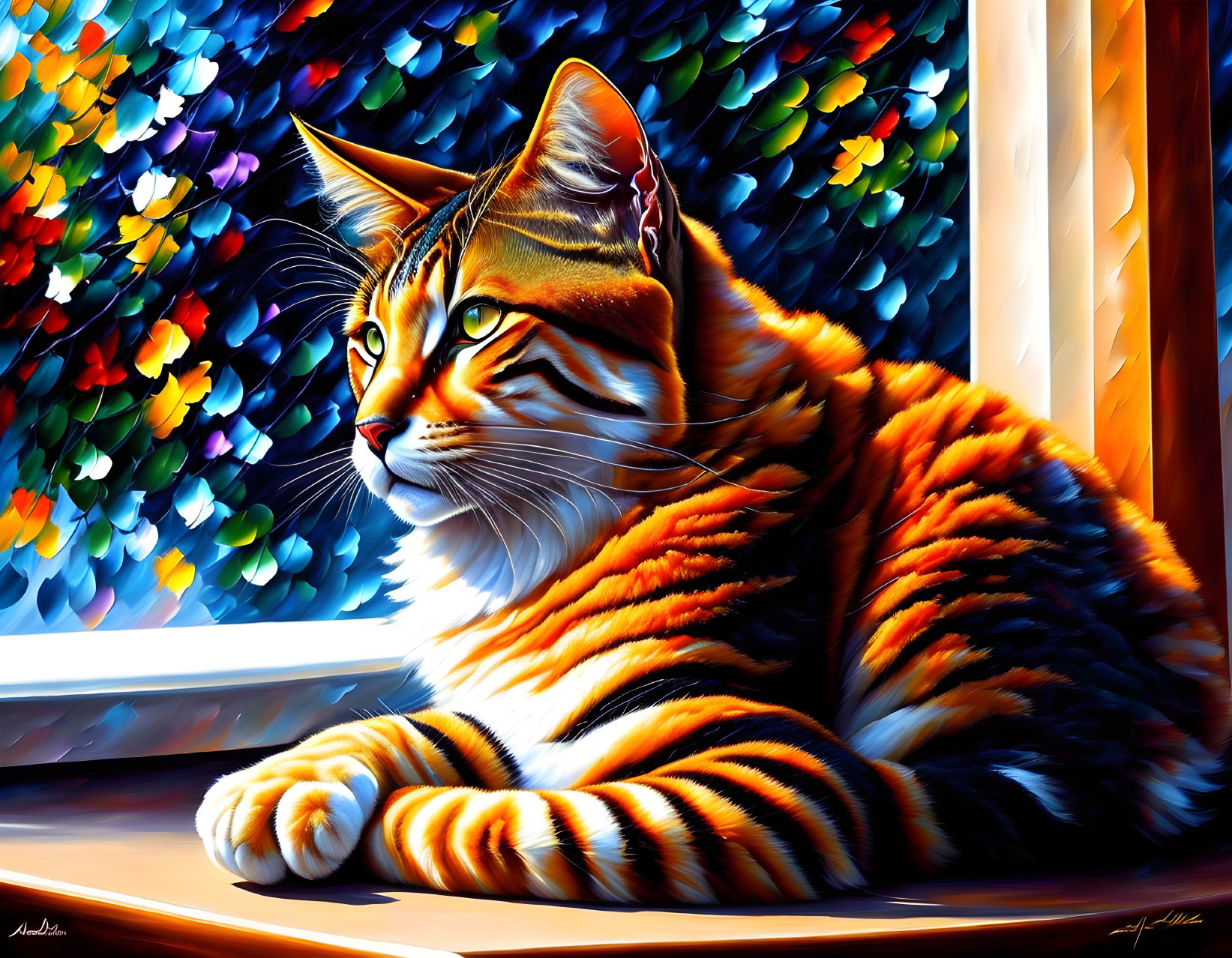 Colorful Painting of Orange Tabby Cat by Window