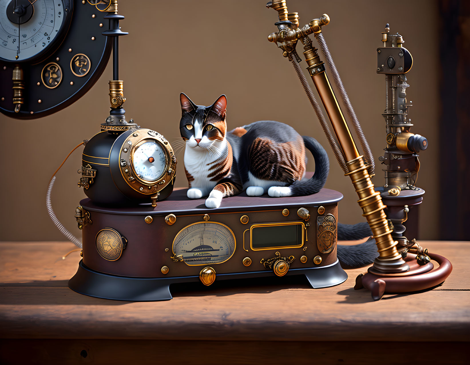 Calico Cat on Steampunk Contraption with Mechanical Ambiance