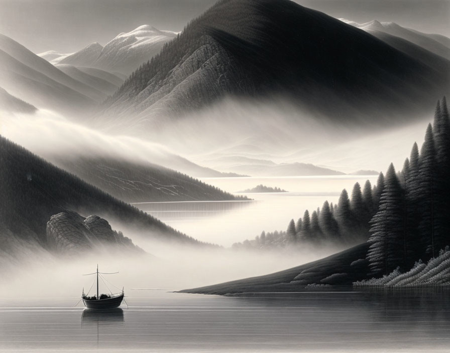 Monochromatic landscape: Serene lake, boat, misty mountains & forests