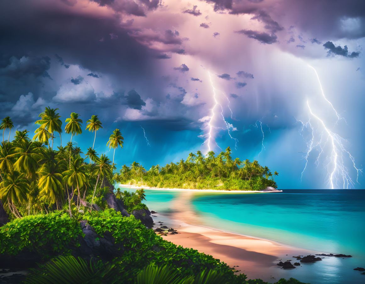 Tropical beach with palm trees under stormy sky and lightning bolts