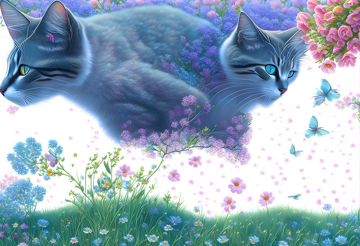 Two Gray Cats with Blue Eyes in Vibrant Garden with Pink Flowers