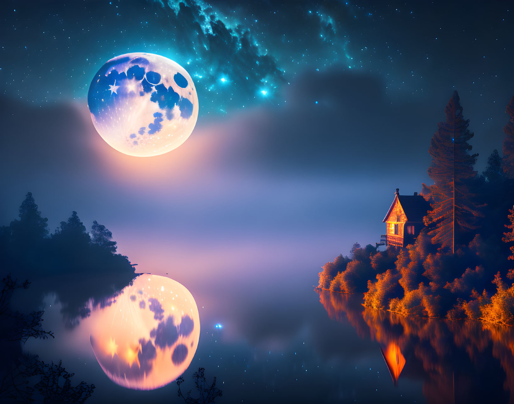 Night Landscape: Luminous Moon, Stars, House by Lakeside