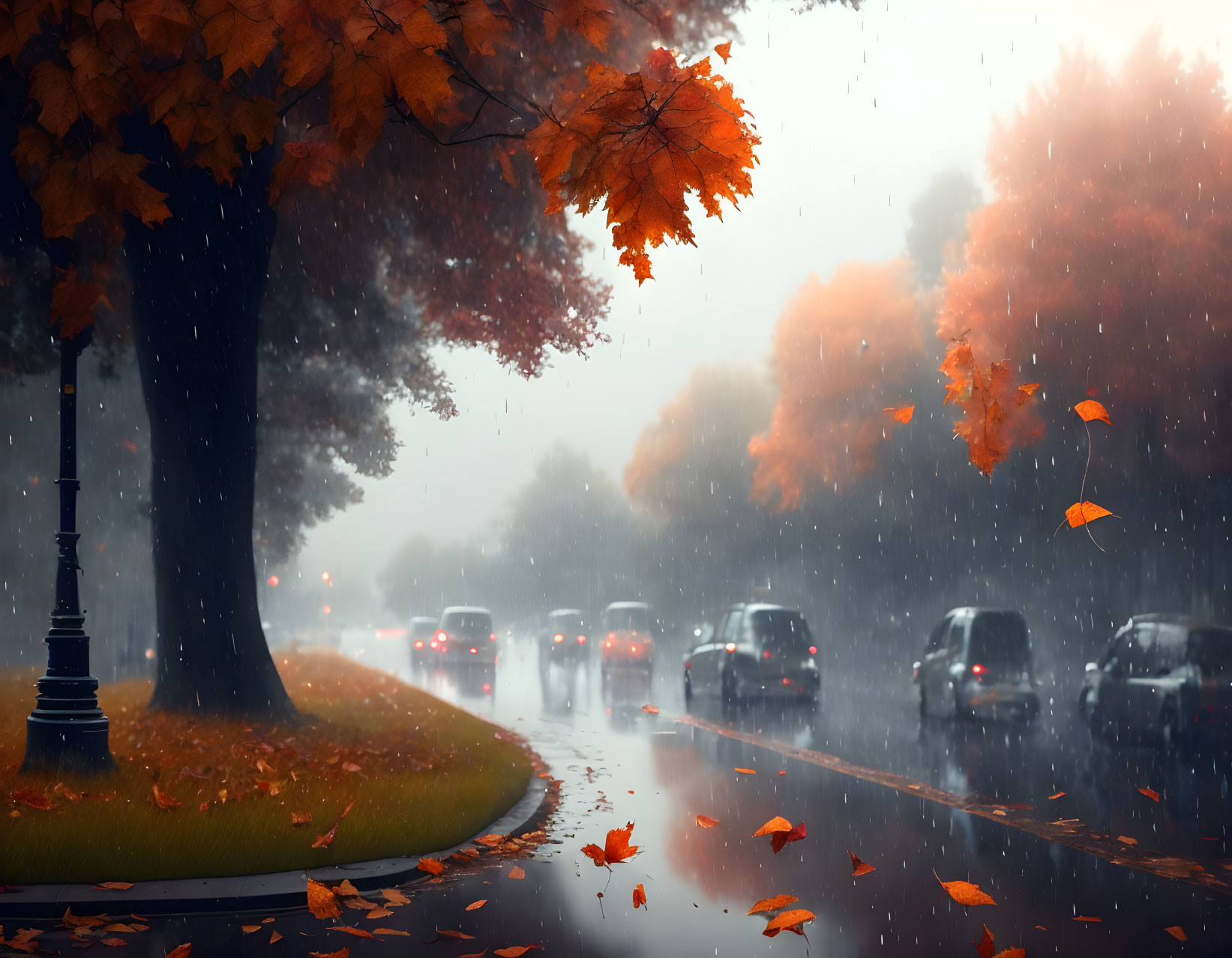 Rainy autumn street scene with falling leaves and lamp posts.