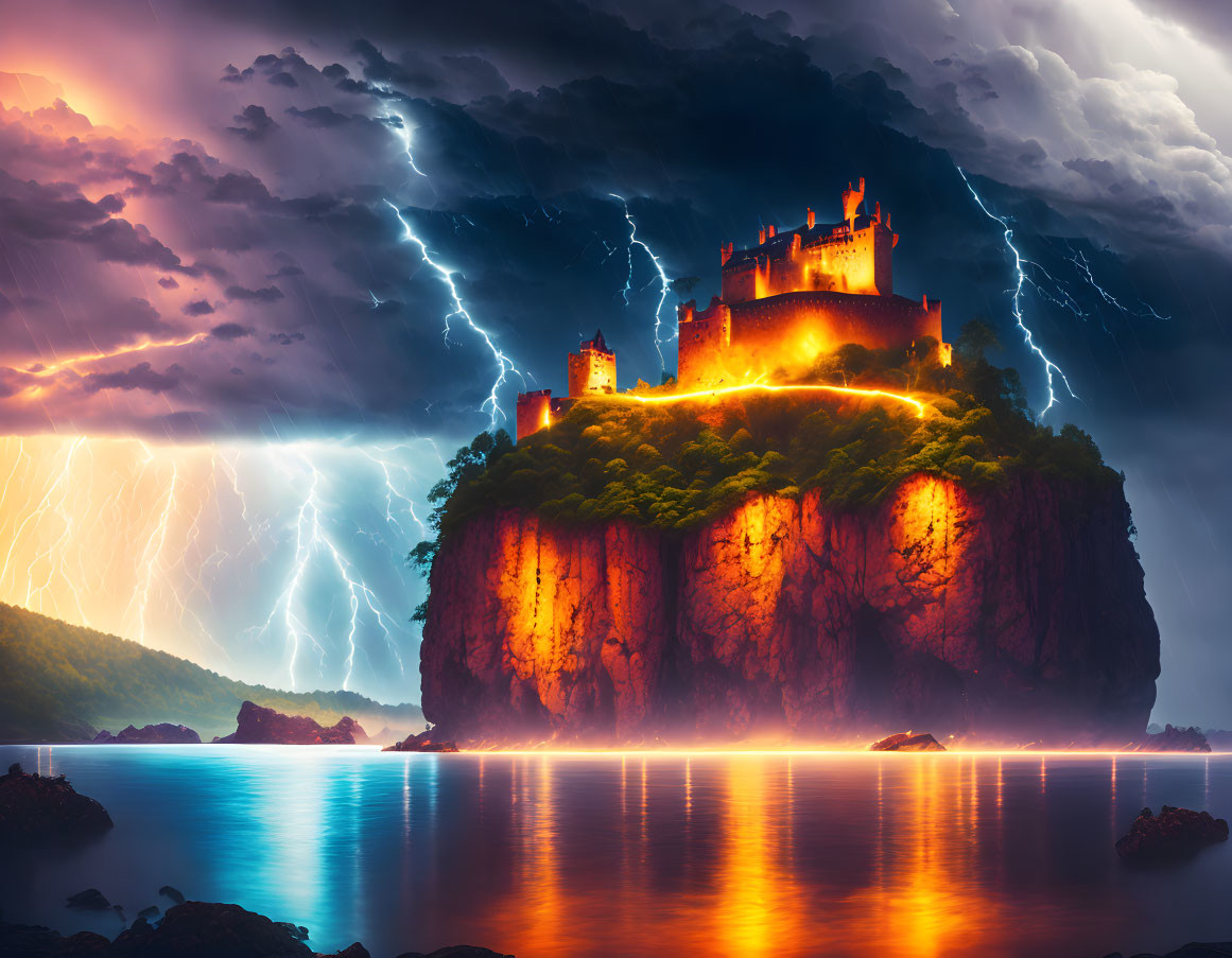 Illuminated castle on cliff with thunderbolts in stormy sky.