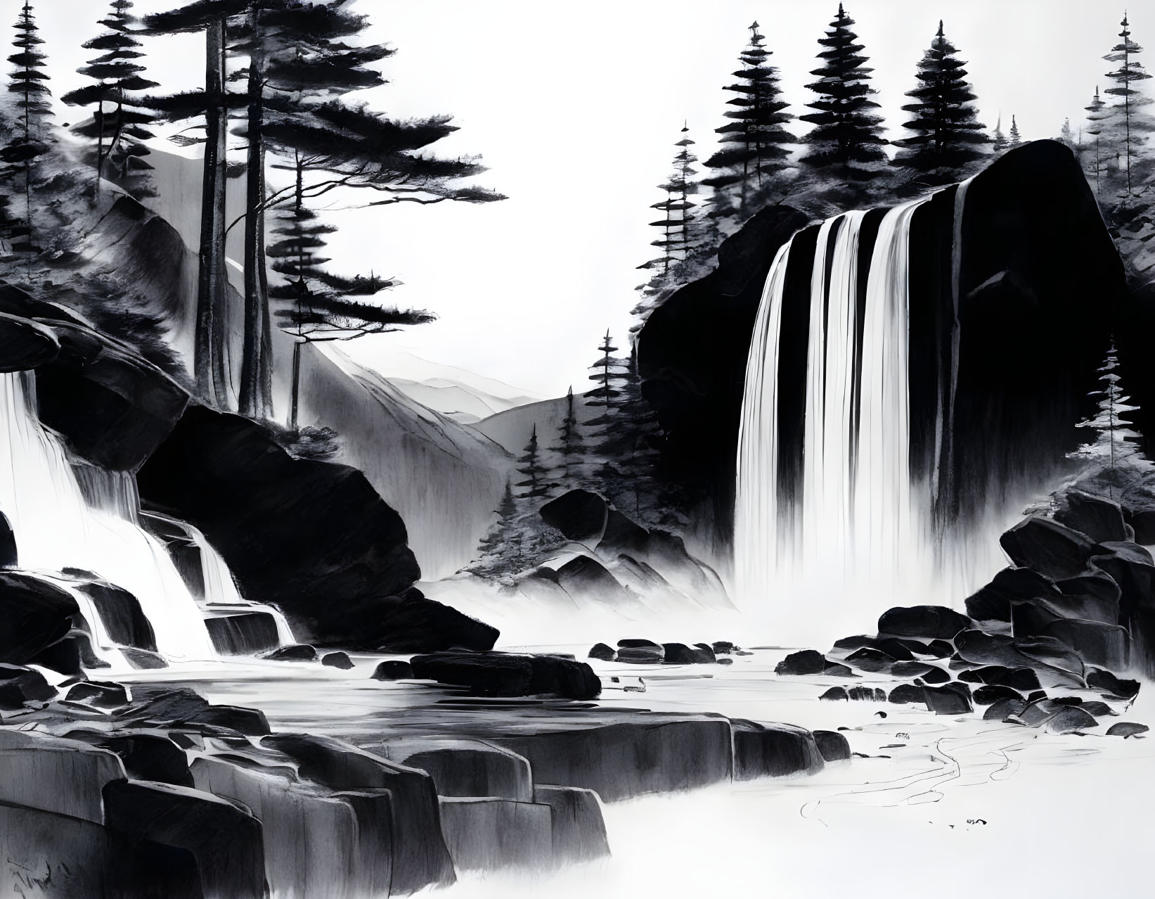 Serene monochromatic waterfall scene with pine trees and mountains