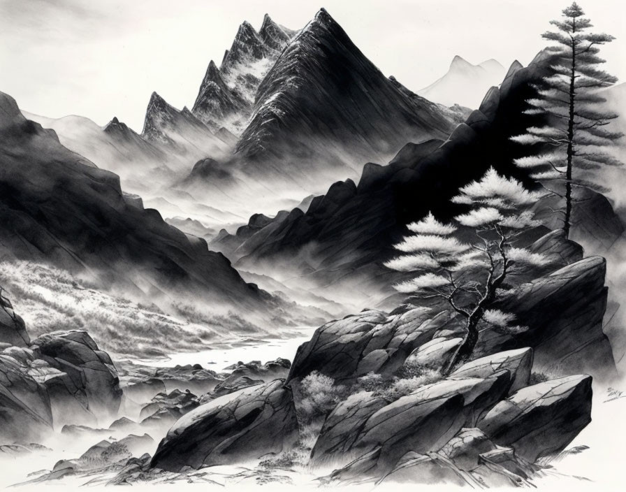 Monochrome landscape painting of rugged mountains, hills, and pine trees