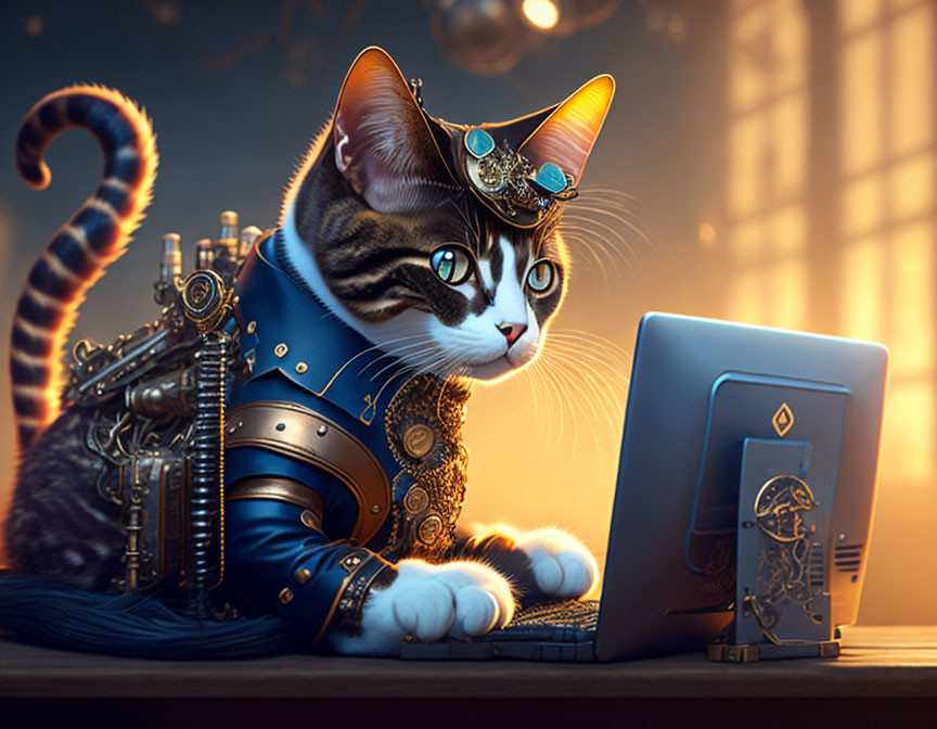 Steampunk cat in mechanical suit and goggles using laptop on warm glowing background