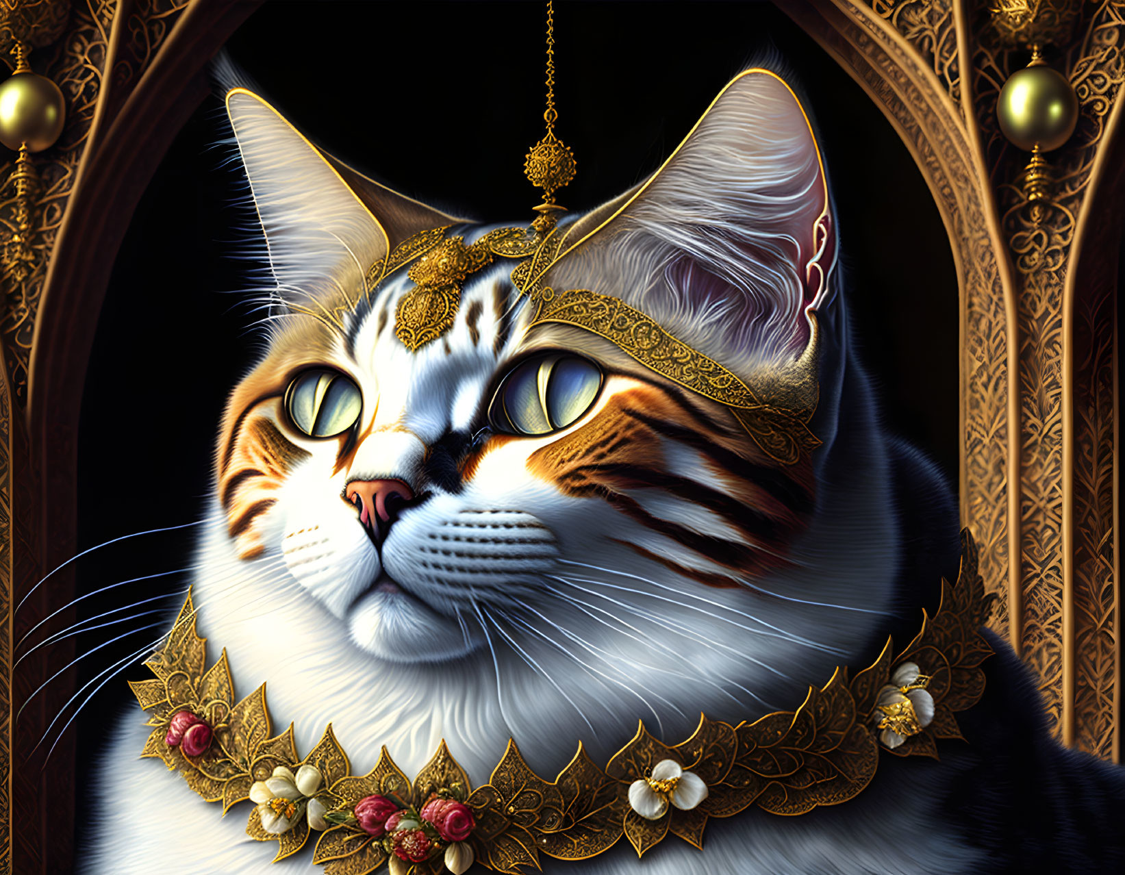 Regal cat with golden tiara and collar in gothic arches setting