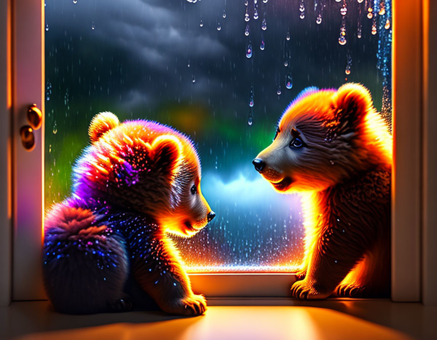 Neon-lit bears by raindrop-covered window in warm glow