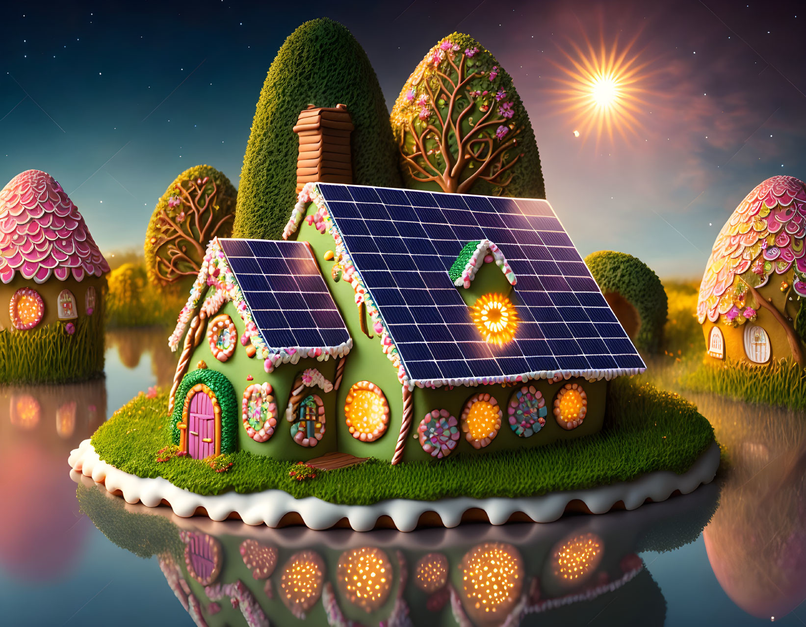 Fantasy gingerbread house with solar panels in starlit village by water