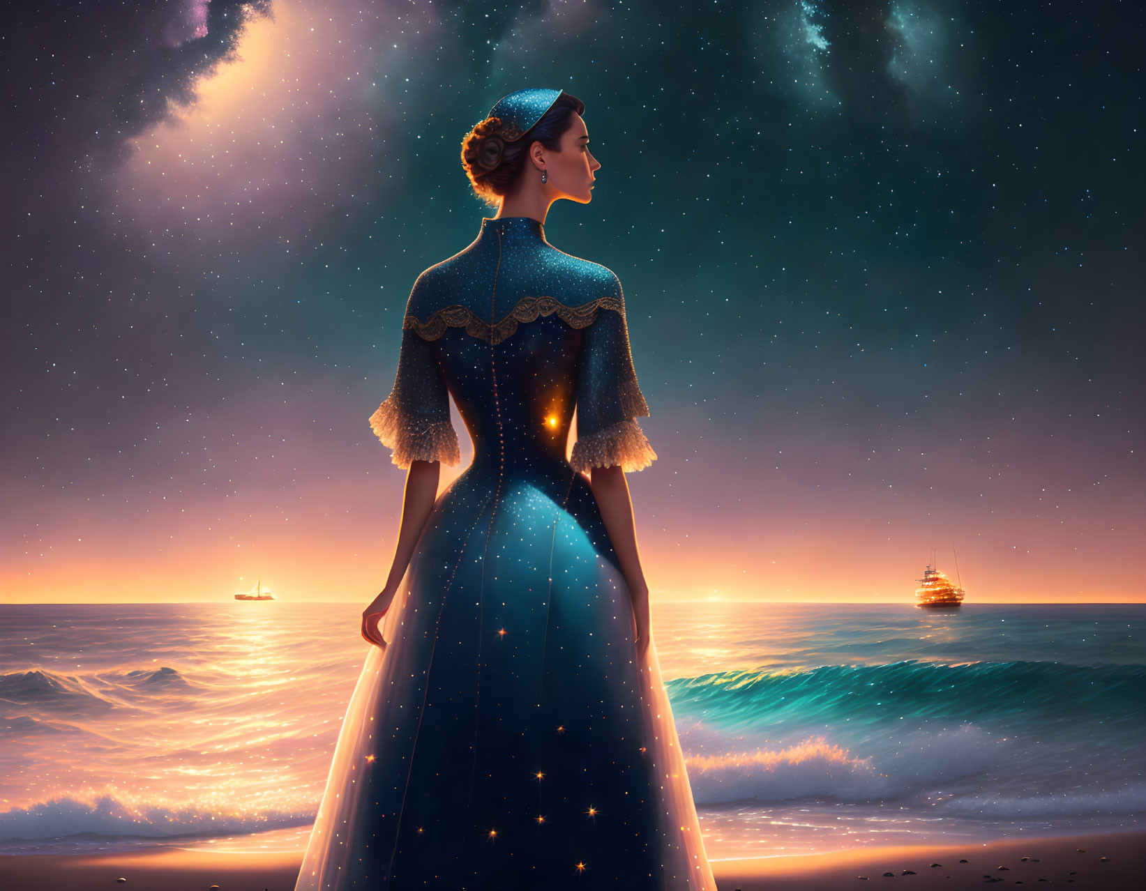 Woman in elegant starry night-themed gown on beach at dusk with starlit sky and ships on horizon