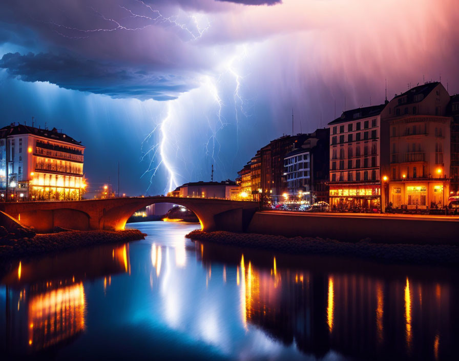 Night cityscape with lightning striking behind illuminated buildings and bridge over calm river