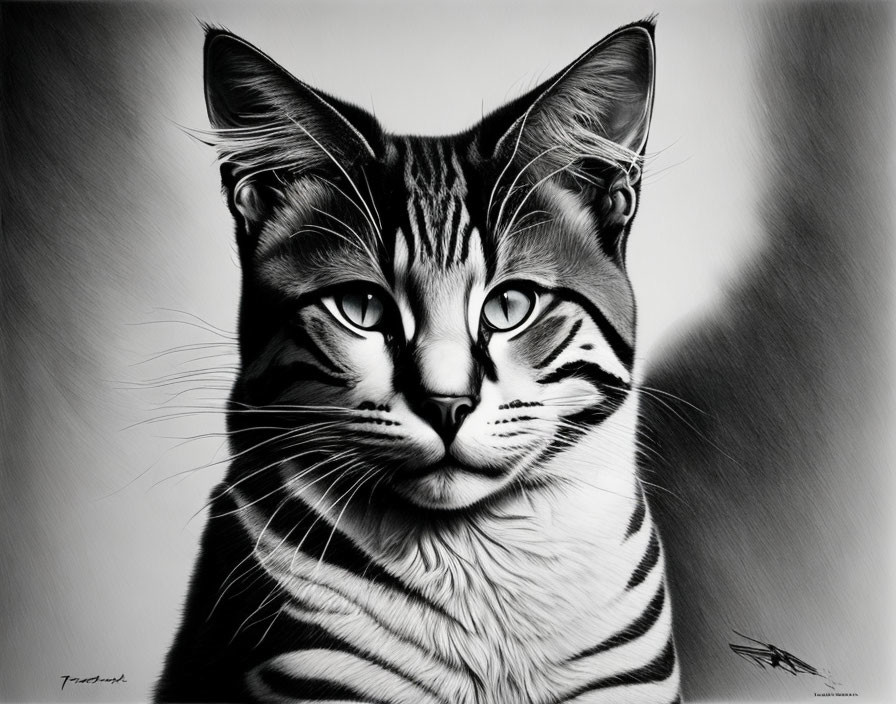 Detailed black and white striped cat with alert eyes and pointed ears