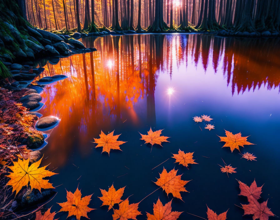 Scattered autumn leaves on still lake with tree reflections and sun flare.