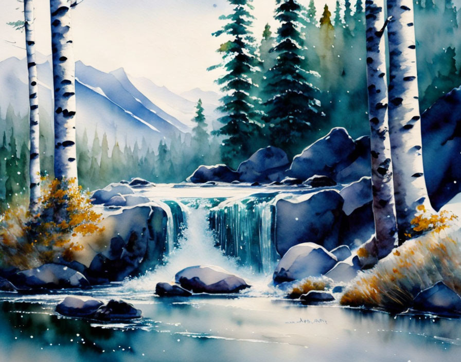 Tranquil watercolor painting: forest waterfall, birch trees, purple mountains