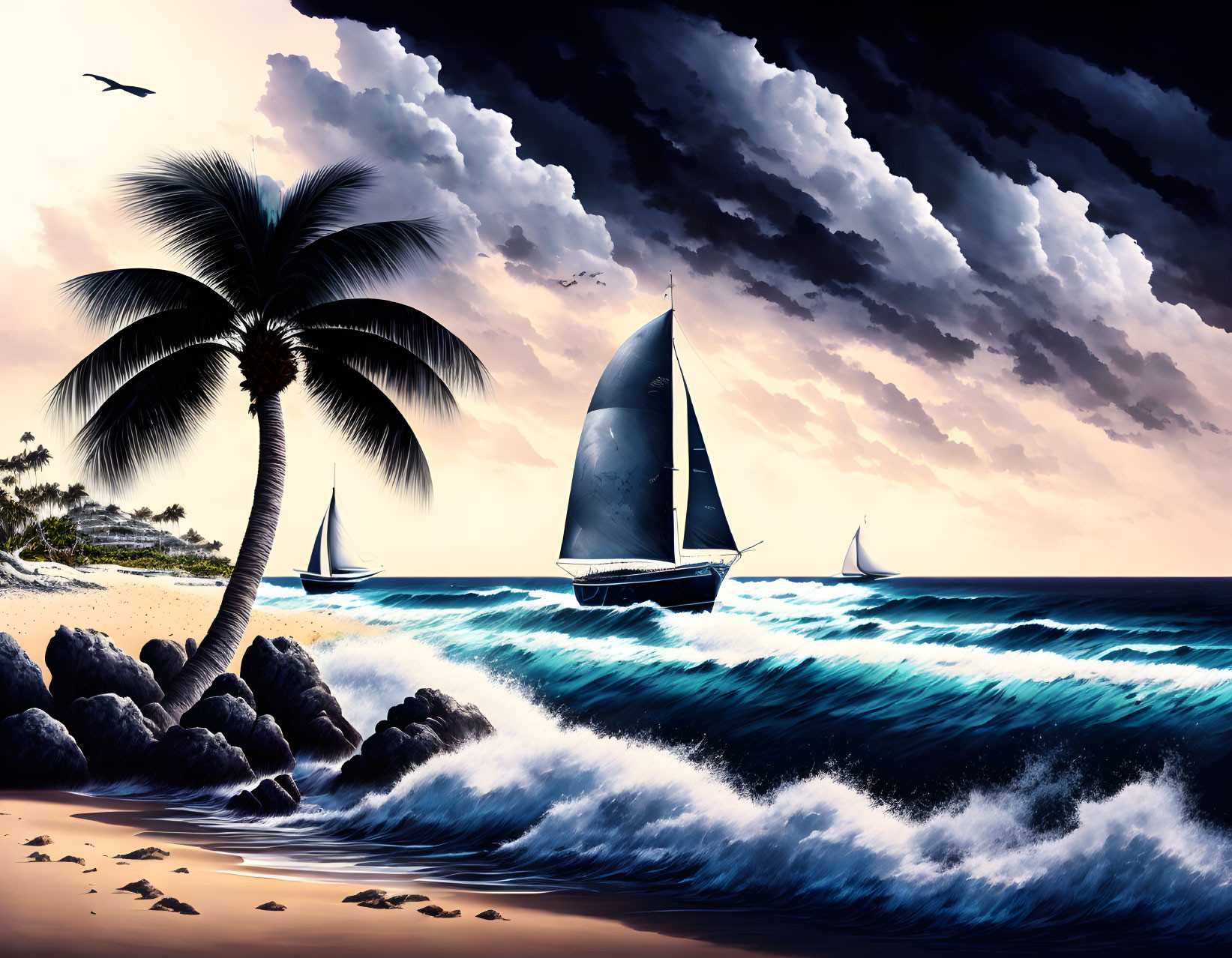 Tranquil beach scene at dusk with palm tree, sailboats, crashing waves, dramatic sky.