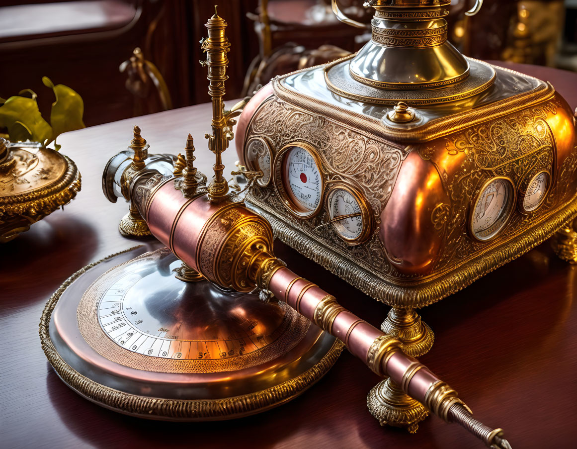 Vintage brass telephone and clock on wooden table