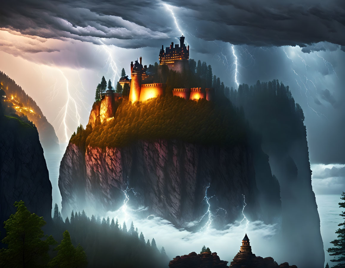 Hilltop castle at night with warm lights and thunderous storm