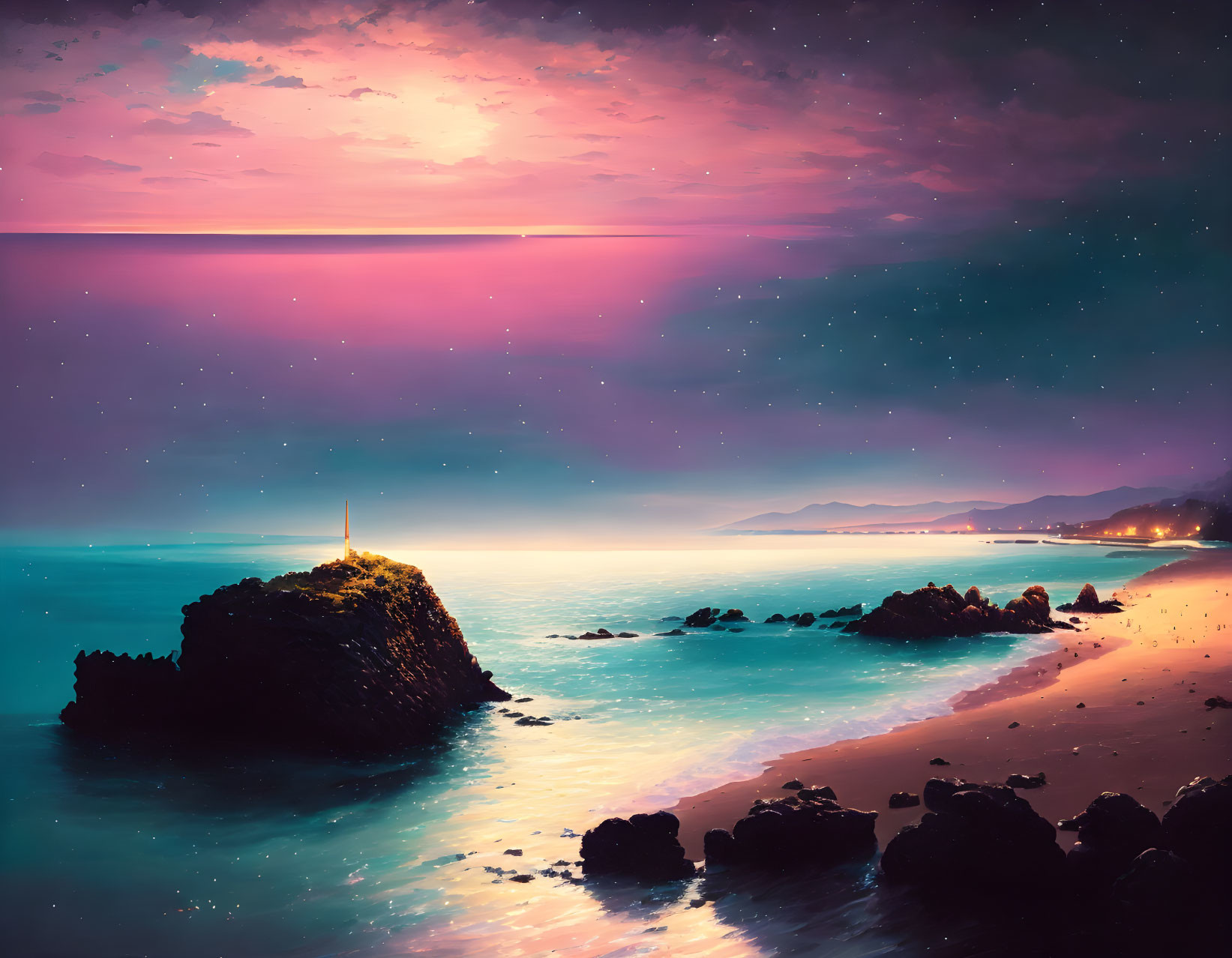 Tranquil Beach Scene: Vibrant Sunset Sky, Starry Night, Gentle Waves