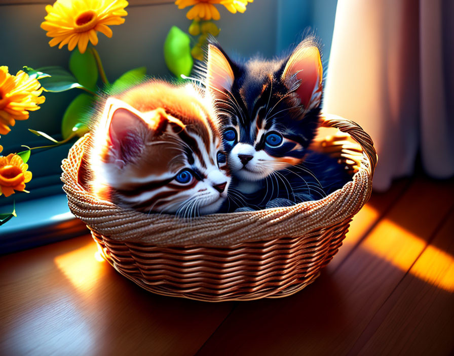 Adorable kittens with striking markings in wicker basket near window