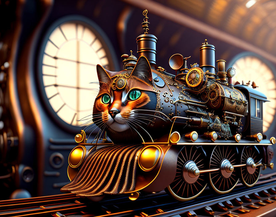 Digital artwork: Steam-punk cat locomotive with clock backdrop