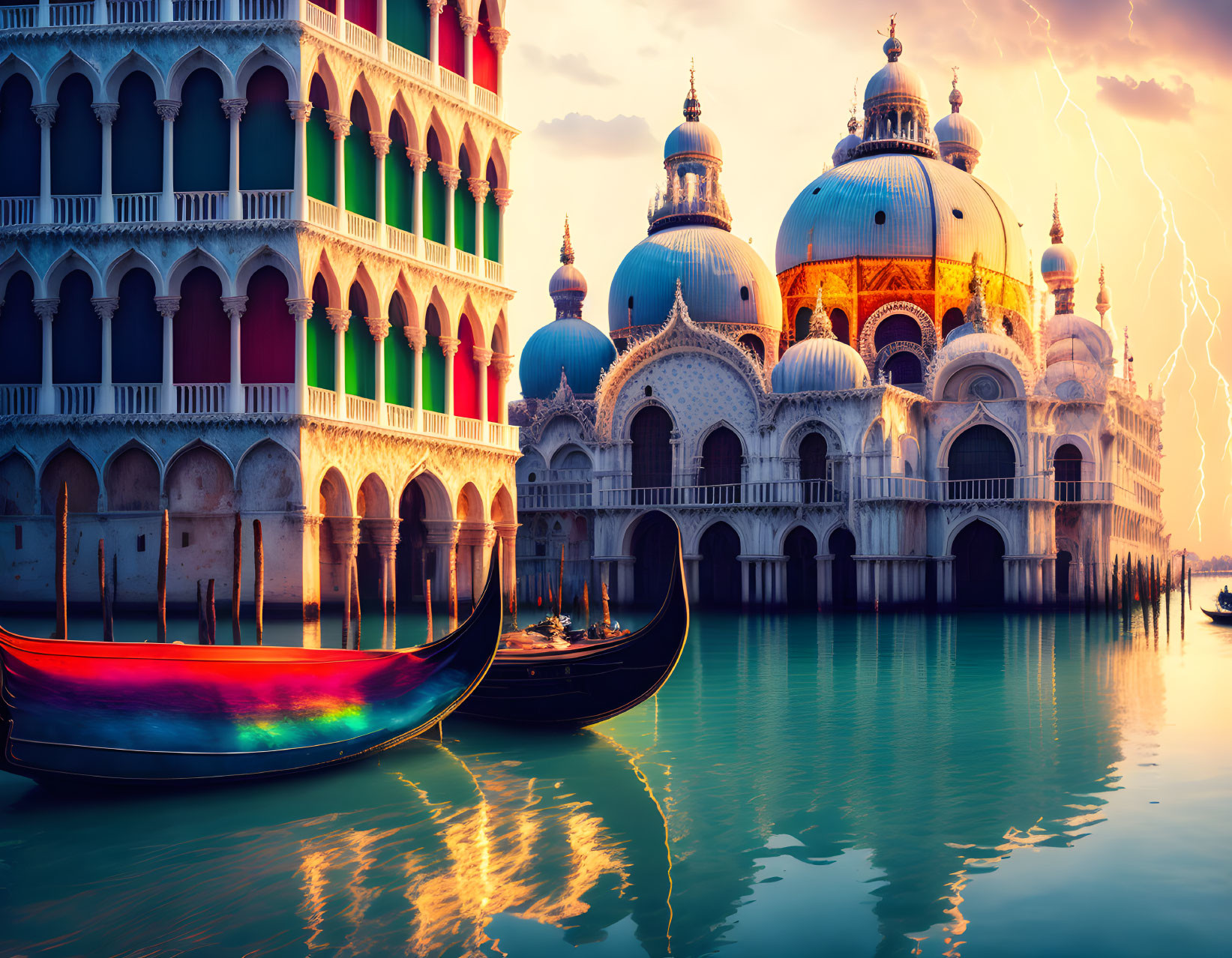 Venetian architecture with ornate buildings and domes by a canal under a stormy sky.